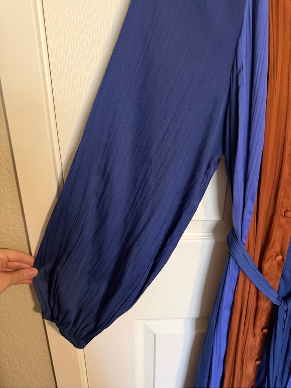 Anthropologie Maeve Medieval Blue and Rust Colorblock Tie-Waist Midi Dress Sz S - Picture 6 of 9